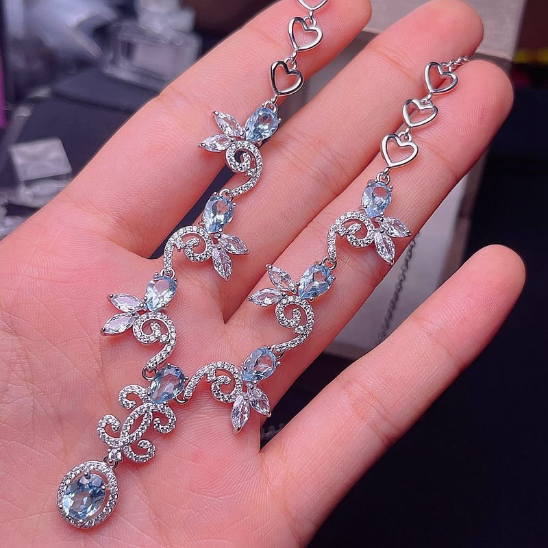 Natural Swiss Blue Topaz Chain Row 925 Silver Inlaid Swiss Blue Topaz Clavicle Necklace Women's Pendant
