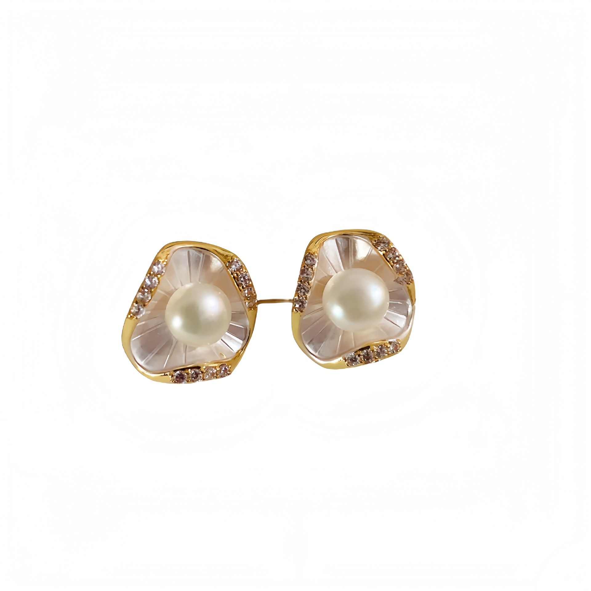 Classical Beauty New Chinese Pearl Zircon Earrings Triangle Flower High-grade Sense New Style Light Luxury All-match Earrings