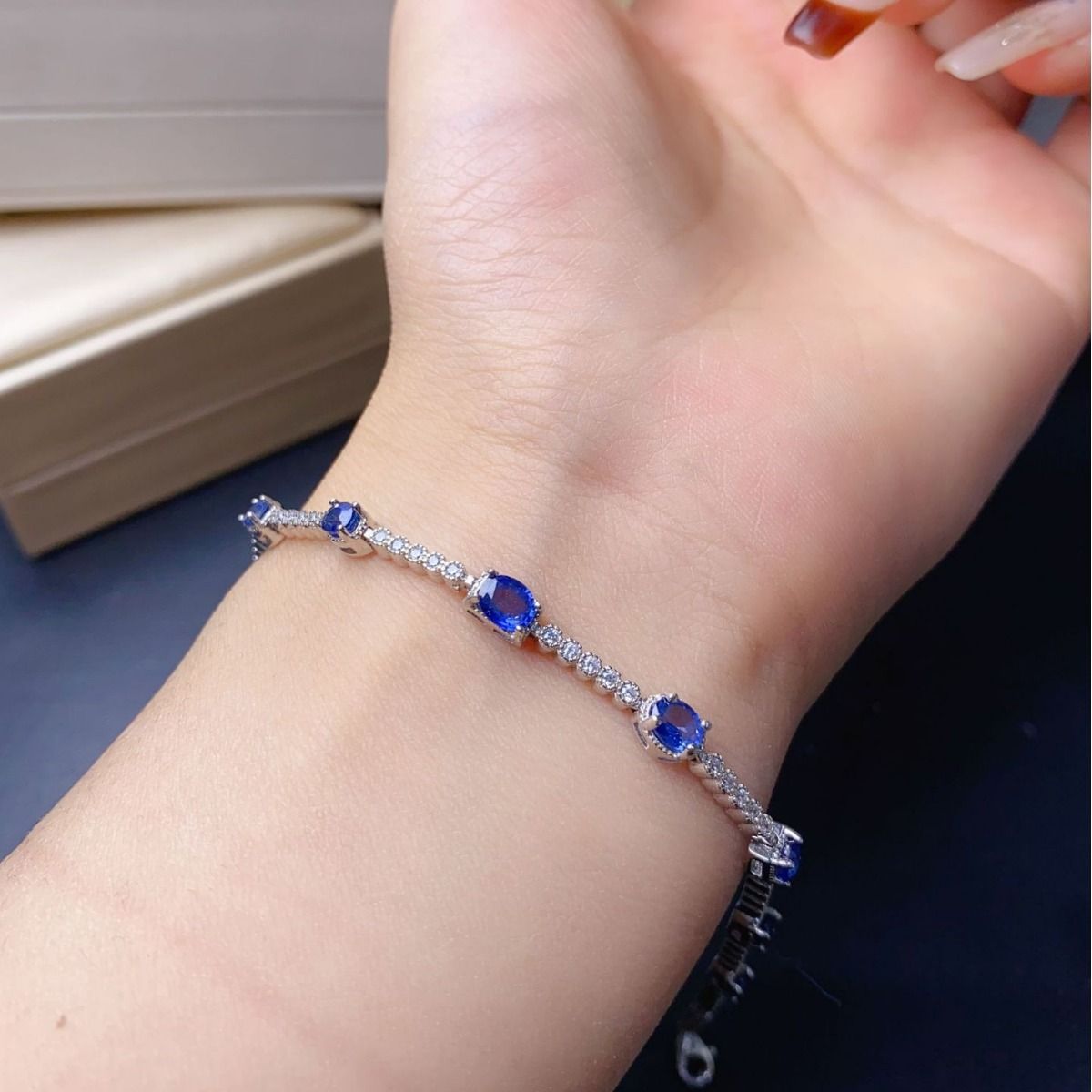 New arrival natural sapphire bracelet 3*4 4*5 925 silver inlaid gift wholesale