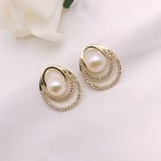 Natural Freshwater Pearl Earrings Three-ring Zircon Earrings Niche Design Fashion Simple Earrings S925 Silver Needle