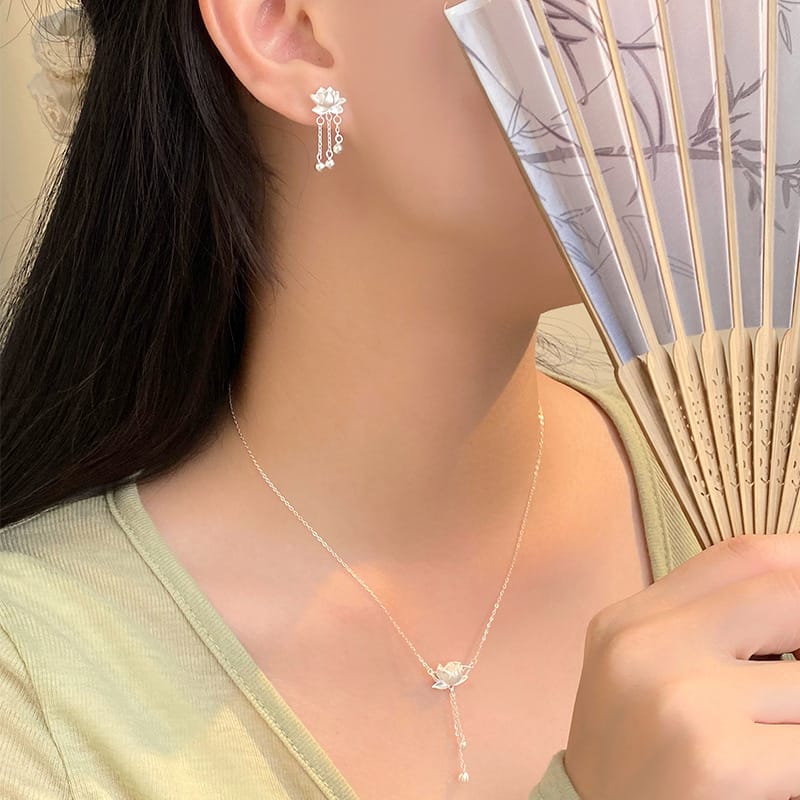 Po S999 Foot Silver New Lotus Tassel Necklace Women's Retro Chinese Style Lotus Pendant Hair Elegant