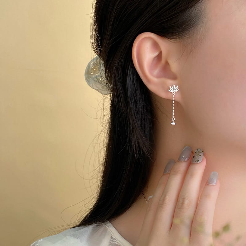 Po S999 Silver Lotus Tassel Earrings Minimalist Daily Personality All-match Fashion Commuter Niche Earrings