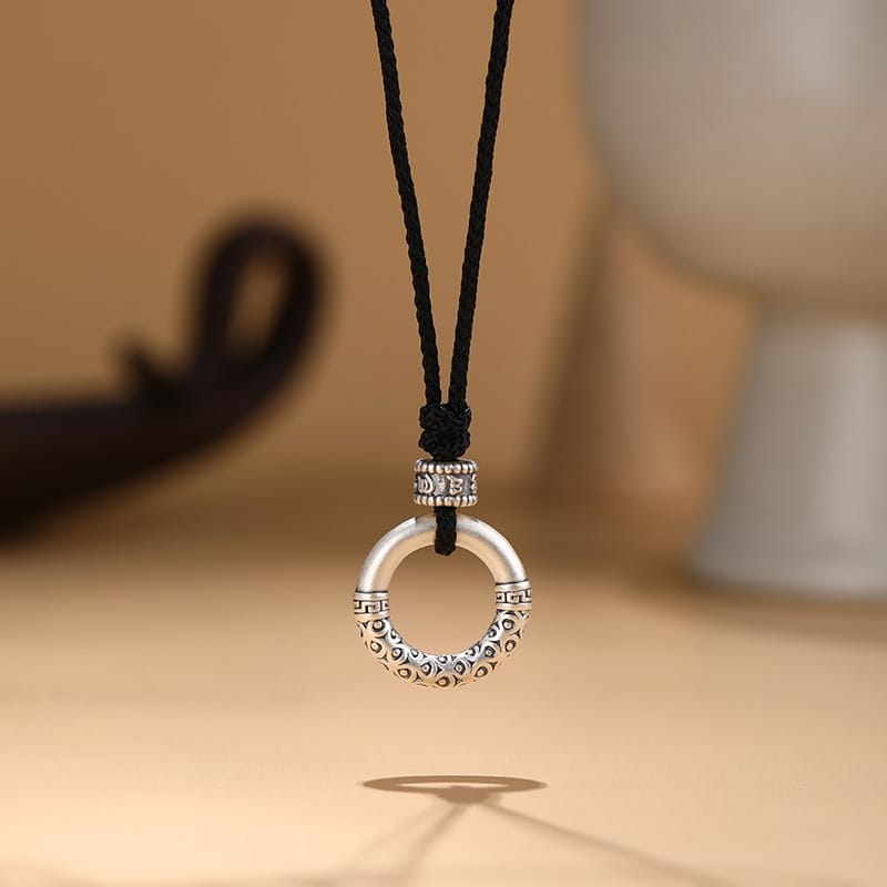 S999 Silver Round Black Rope Necklace Chinese Style National Style Trendy Retro Old Art Clavicle Chain