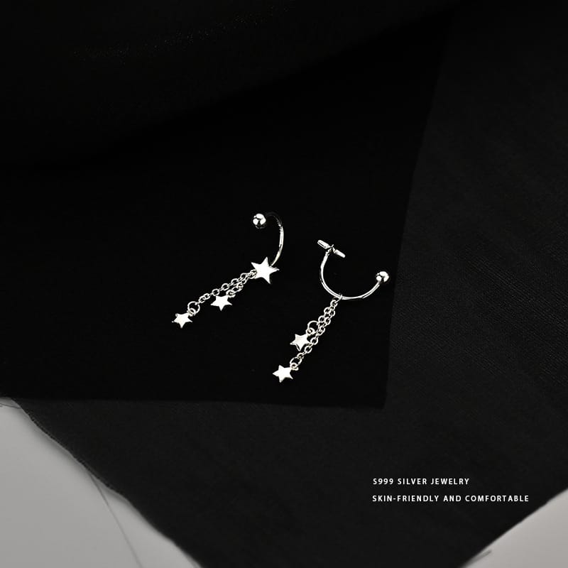 Aobao S999 pure silver star tassel earrings light luxury high-grade long earrings face slimming temperament earrings popular