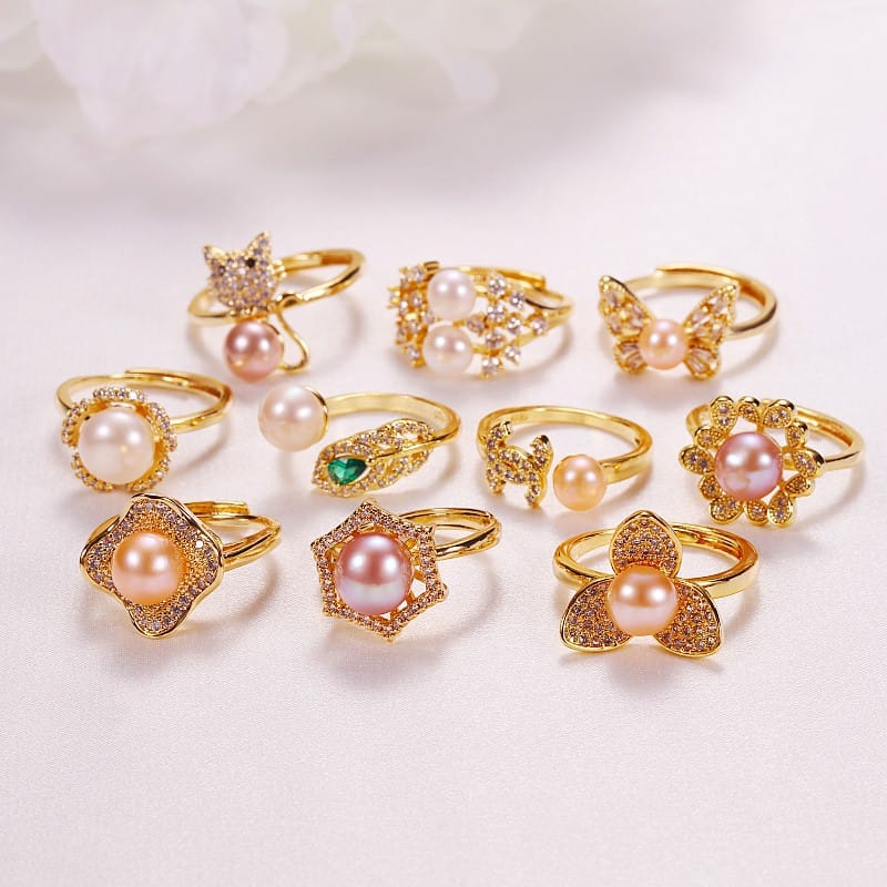 Pearl Jewelry Opening Adjustable Ring Real Gold Electroplated Micro-inlaid Zircon Freshwater Pearl Ring