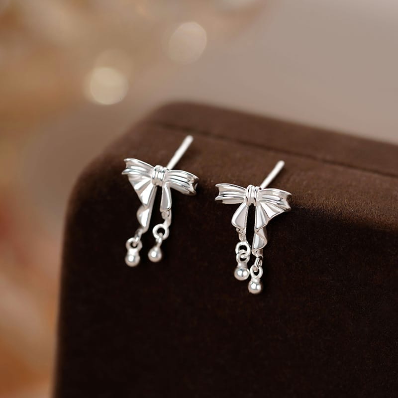 S999 Silver Bow Round Bead Earrings Fresh Explosions Sweet Princess French Gentle Earrings 