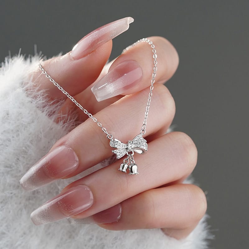 Po S999 Silver Bow Bell Necklace Sweet Niche Elegant High-end Temperament Clavicle Chain for Hair