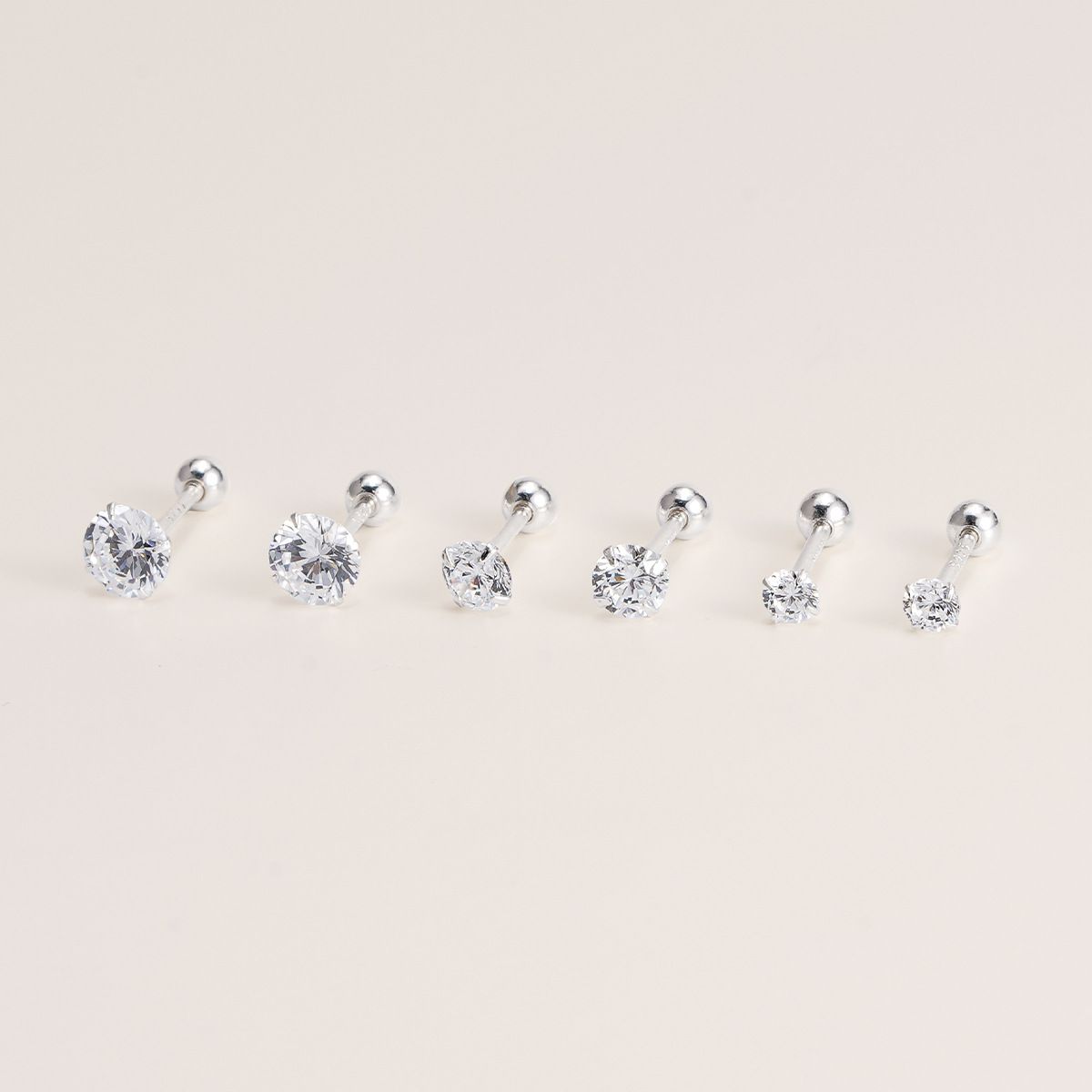 S925 Sterling Silver Small Simple Round Flash Zirconium Earrings Women's Screw Screw Buckle Ear Bone Nail Ear Holes Earrings
