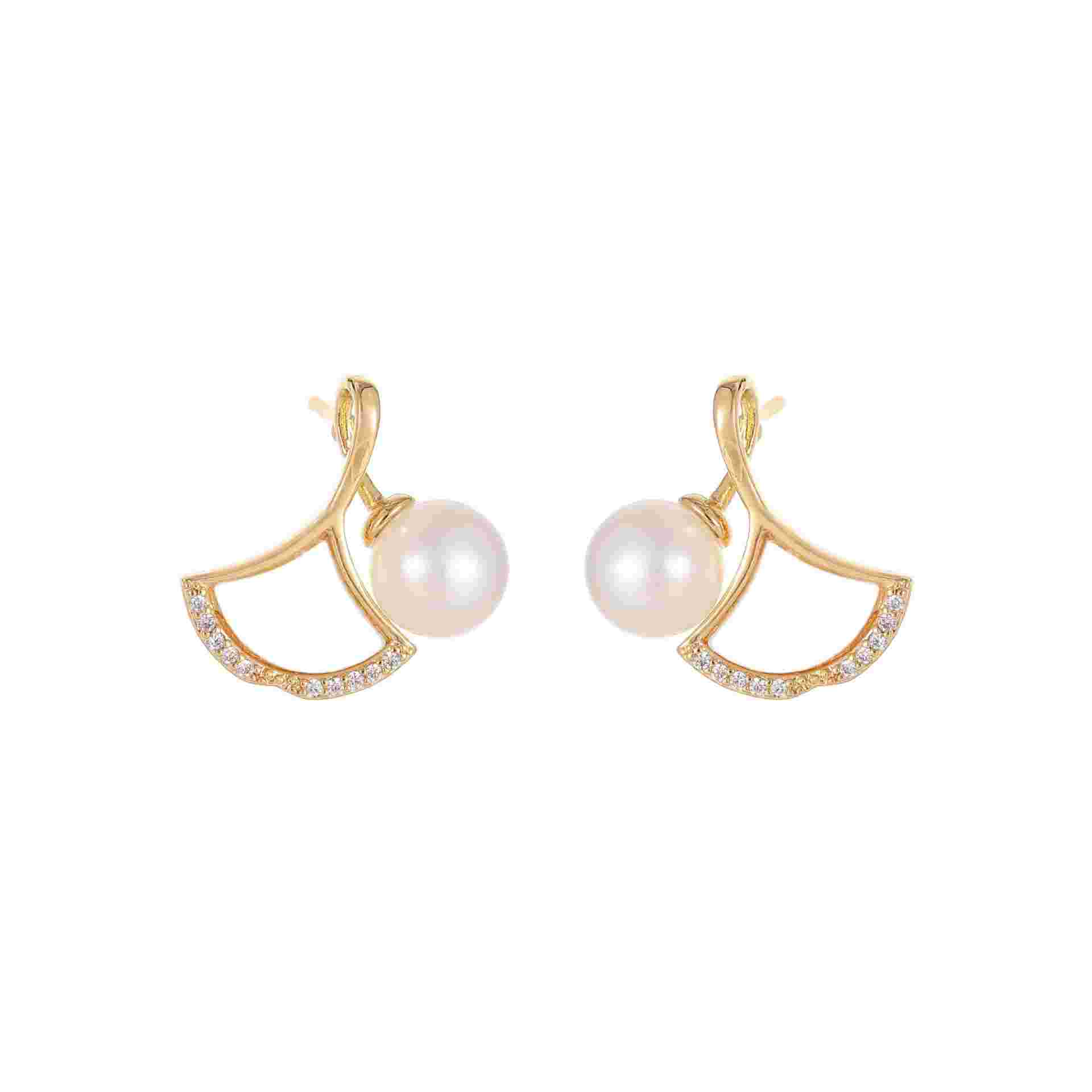 Natural Pearl Earrings Ginkgo Biloba Ear Studs High-grade Sensitive for commuter All-match French Niche Fan-shaped Design Real Gold Micro-inlay