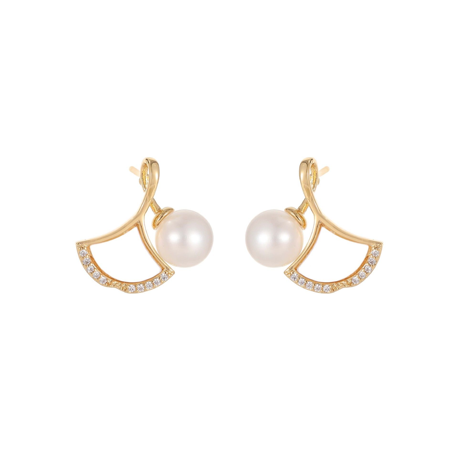 Natural Pearl Earrings Ginkgo Biloba Ear Studs High-grade Sensitive for commuter All-match French Niche Fan-shaped Design Real Gold Micro-inlay