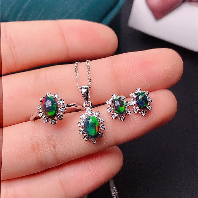 Black Opal Set Natural Australian Opal Set Beautiful Full Flash Fire Color Gift for Girlfriend