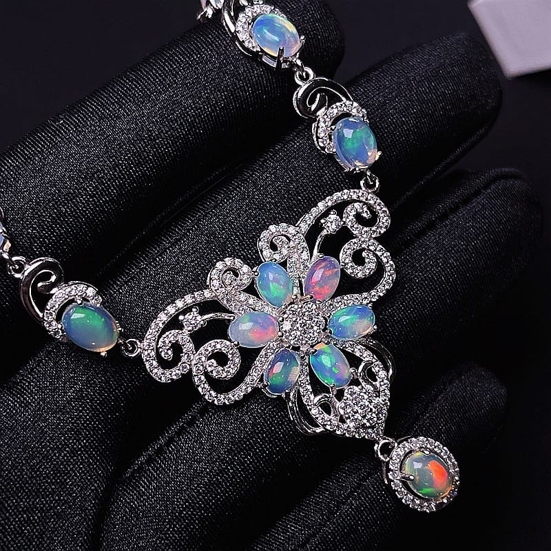 Australian magic opal chain row 925 silver inlay dazzle natural fire opal clavicle chain wholesale fire beauty