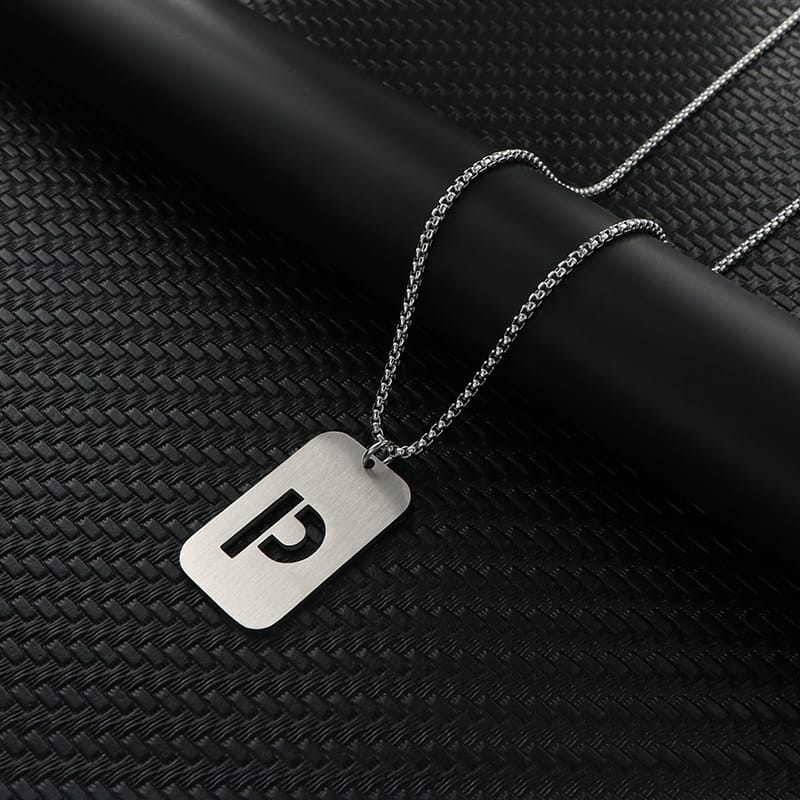 Alphabet Hollow Necklace Men's Trendy Hip-Hop Woolen Chain Accessories Rectangular Gloss Military Brand Pendant Women's Stainless Steel Pendant
