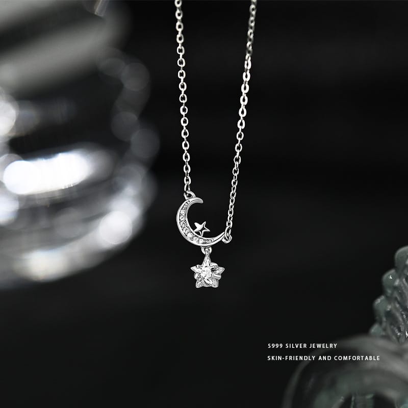Aobao S999 pure silver exquisite light luxury high-grade star and moon necklace super shiny fashionable exquisite small niche clavicle chain