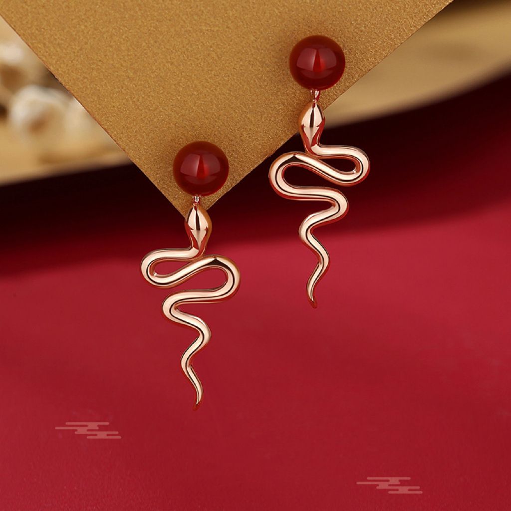 Spirit Snake Earrings Female S925 Sterling Silver National Fashion New Chinese Red Agate Zodiac Snake Benmingnian Earrings