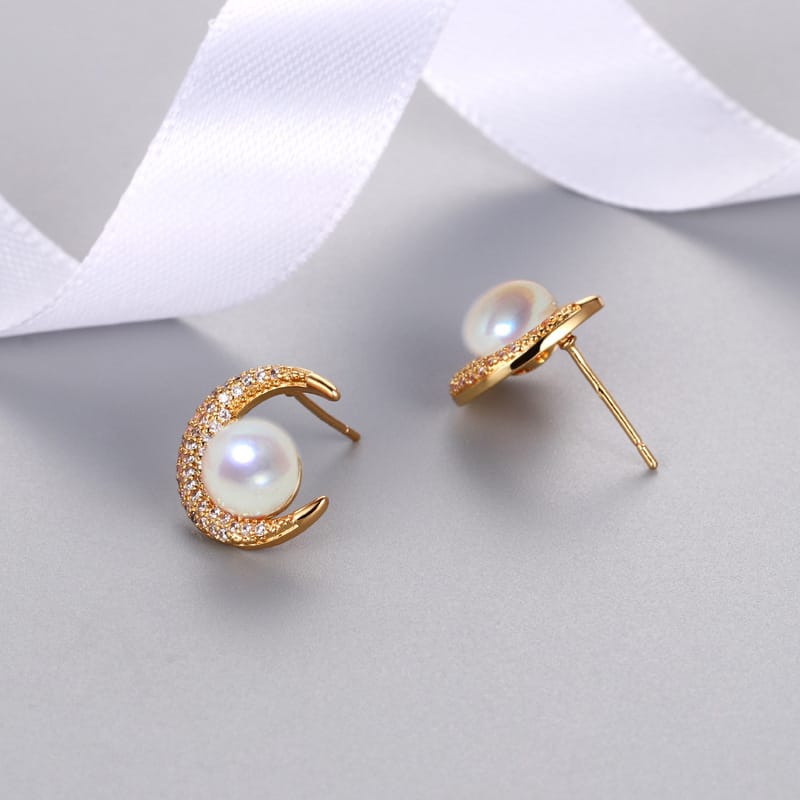 Sun Moon Star Freshwater Pearl Earrings Moon-shaped Zircon Earrings Japanese and Korean Simple Fashion Personality Earrings New