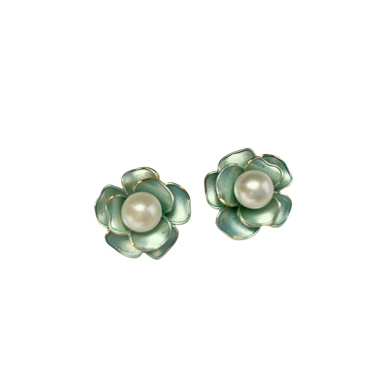 Natural Freshwater Pearl Earrings Sweet Fresh Green Camellia Pearl Earrings Light Luxury High-end Internet Celebrity Earrings