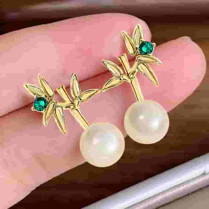 Natural Freshwater Pearl Earrings Elegant Light Luxury Bamboo Report Ping Leaf Earrings Niche Design New Earrings