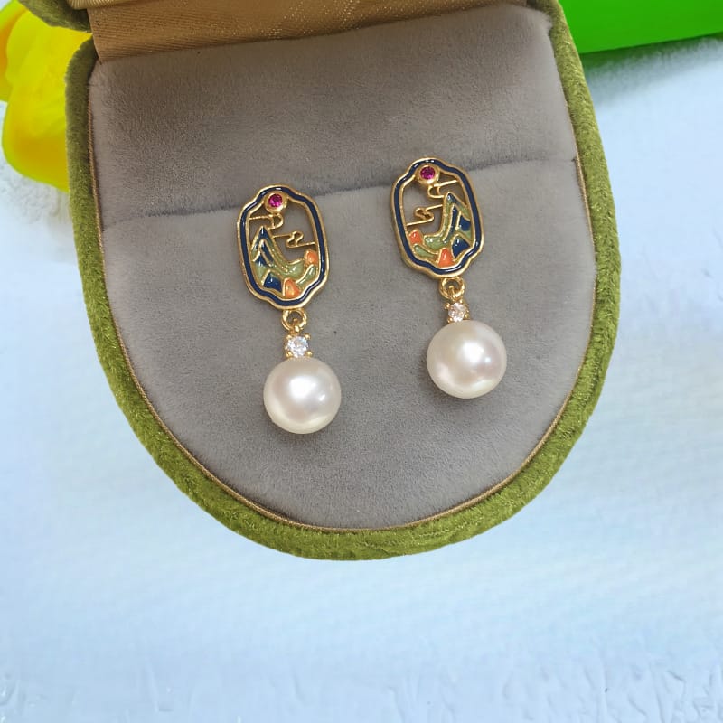Natural Freshwater Pearl Earrings New Chinese Style Landscape Painting Pearl Earrings National Tide Delicate Earrings New Earrings