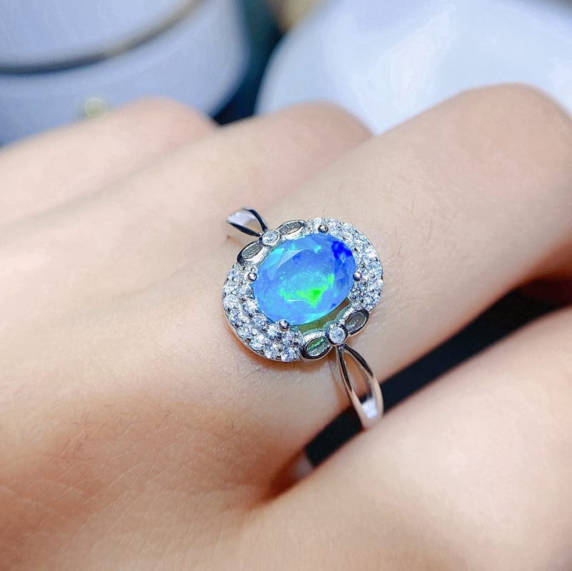 Simple fashion 925 silver inlaid natural full fire blue opal ring live TikTok overseas supply