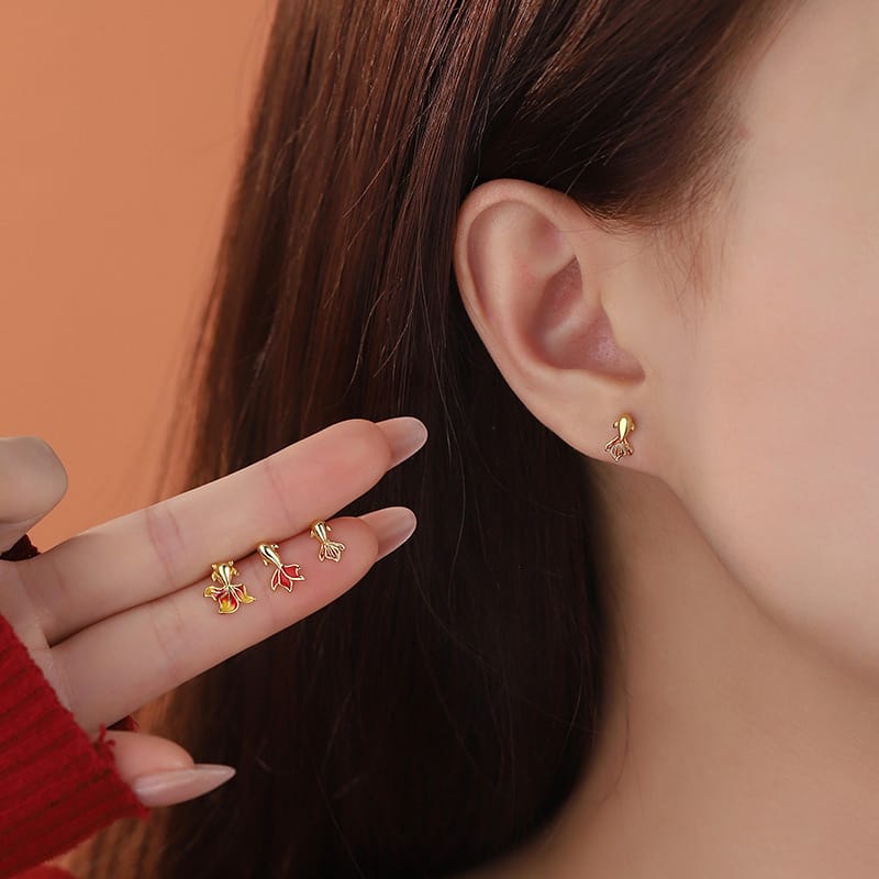 Original Po S999 Foot Silver Shore Koi Screw Earrings Hongyun Rich Temperament Unique Niche Earrings
