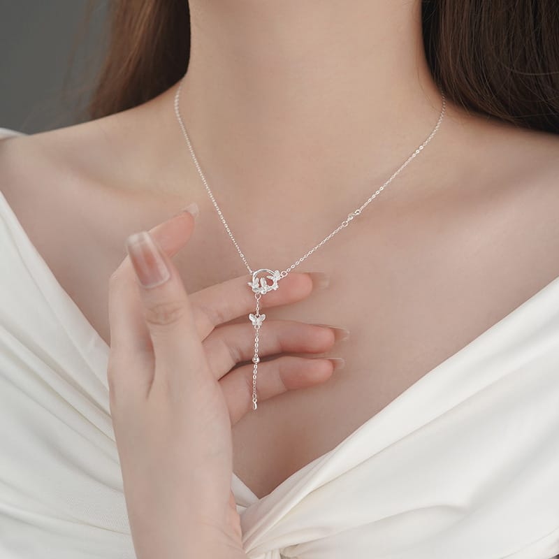 Po S999 Silver Butterfly Ring Tassel Necklace Simple Niche Design Sweet Elegant Sweater Chain for Hair