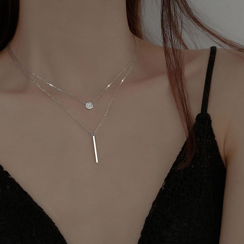 Cross-border Geometric Long Flash Diamond Round Double-layer Necklace Women's Simple Style Fashion Diamond Clavicle Chain Neck Chain Fashion