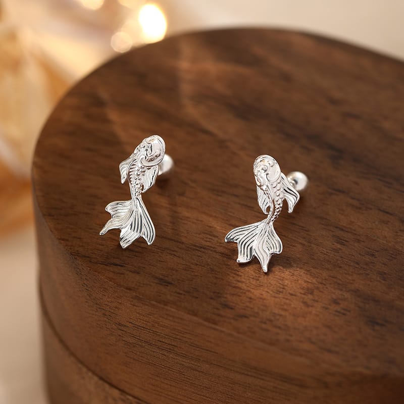 S999 Pure Silver Light Luxury Koi Screw Earrings Female Temperament Unique Small New Chinese Style National Style Earrings