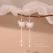 Po S999 Foot Silver Exquisite Butterfly Flower Tassel Earrings Women's Elegant Elegant Elegant Long Ear Hook Earrings for Hair