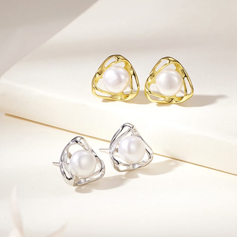 Natural Freshwater Pearl Earrings Triangle Hollow Pearl Earrings Niche Design Fashion Simple Earrings S925 Silver Needle