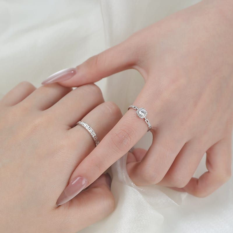 Po 999 Foot Silver Simple Square Zircon Couple's Ring Geometric Fashion Commuter Elegant Fresh Hand Decoration