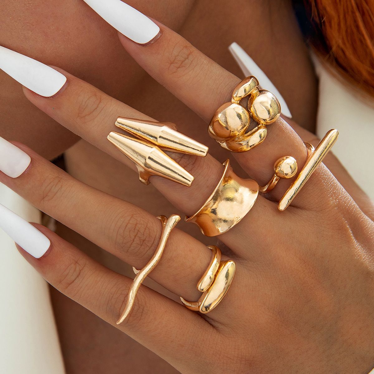 Europe and the United States cross-border geometric metal wind lava line ring four-piece irregular smooth opening ring suit