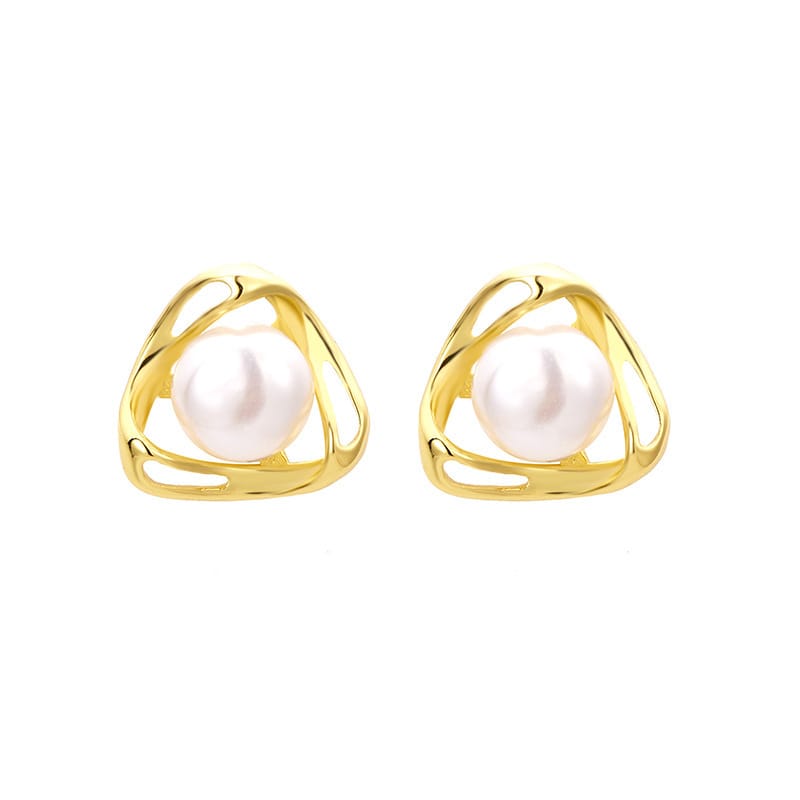 Natural Freshwater Pearl Earrings Triangle Hollow Pearl Earrings Niche Design Fashion Simple Earrings S925 Silver Needle