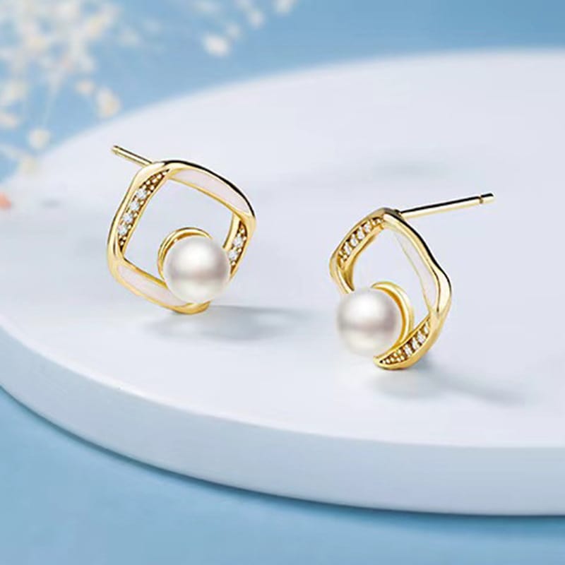 S925 Silver Needle Micro-inlaid Zircon Earrings Classic Geometric Diamond Freshwater Pearl Earrings Small Simple Internet Celebrant Earrings