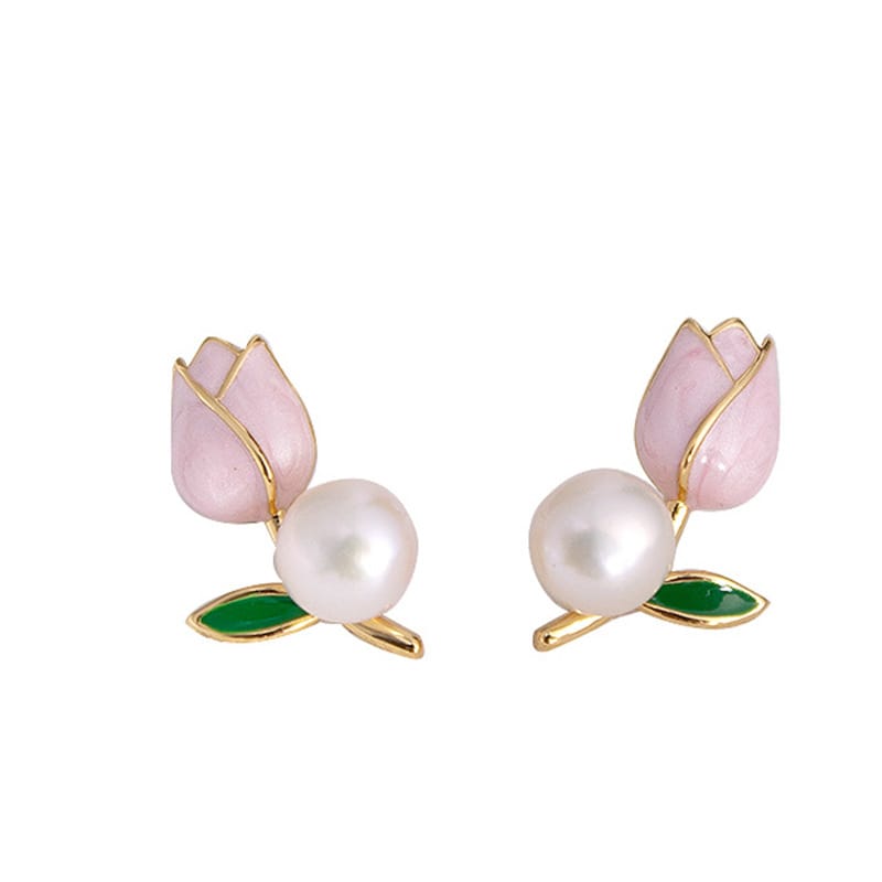 Natural Freshwater Pearl Earrings S925 Silver Needle Tulip Rose Ear Stud Fashion Fresh Sweet Elegant Versatile