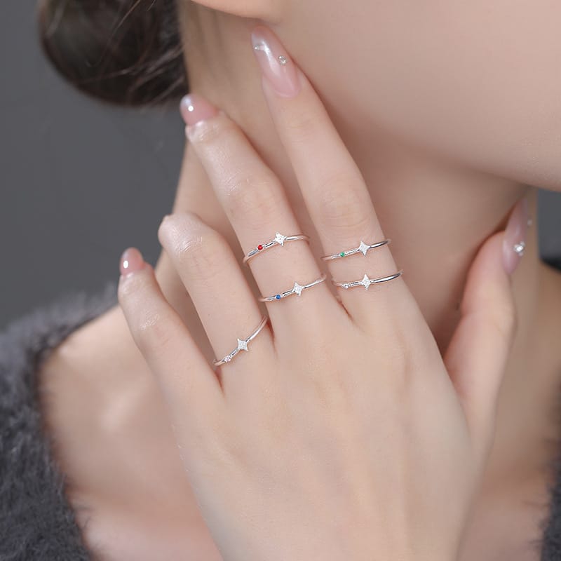 Po S999 foot silver four mans star zircon ring personality fashion sense multi-color simple gentle hand decoration generation hair