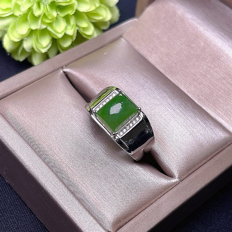 Natural Hetian Jasper Ring 925 Silver Inlaid Natural Hetian Jasper Ring Wholesale Men's Ring
