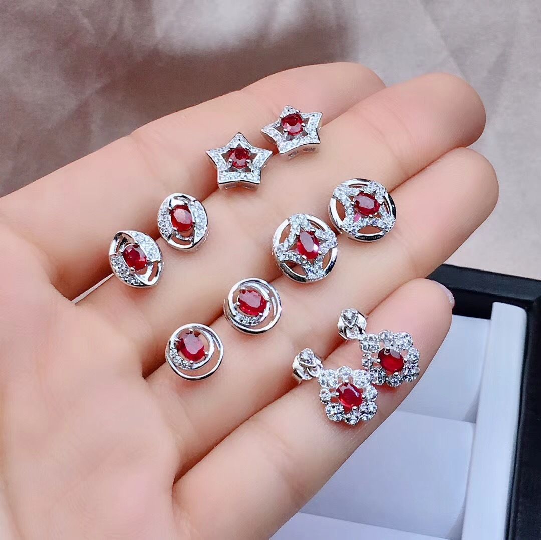 Welfare natural Ruby stud earrings 925 silver with burnt Ruby for certificate
