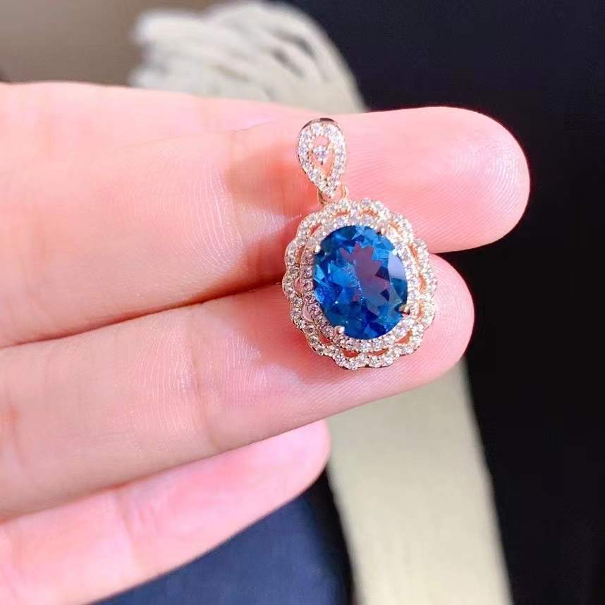Natural Swiss Blue Topaz Pendant 925 Silver Inlay Process Wholesale