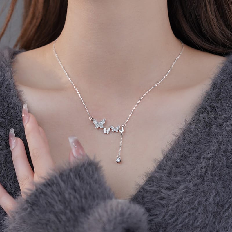 S999 Silver Butterfly Tassel Necklace Light Luxury Sweet Niche Design Elegant All-match Sweater Chain for Hair