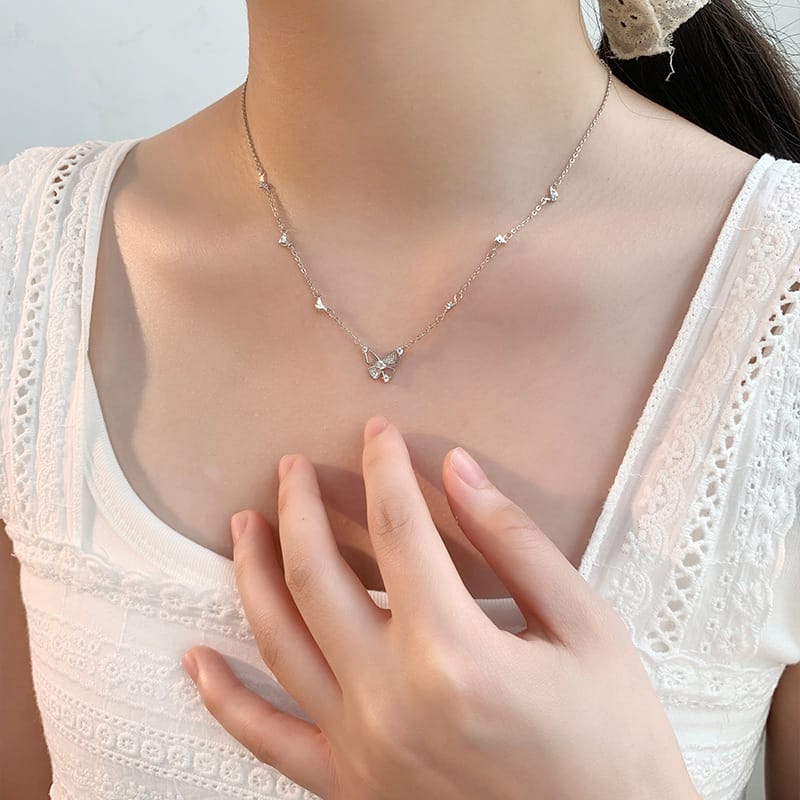 S999 foot silver small fresh hollow butterfly necklace sweet literary hundred tower temperament sweet clavicle chain generation hair
