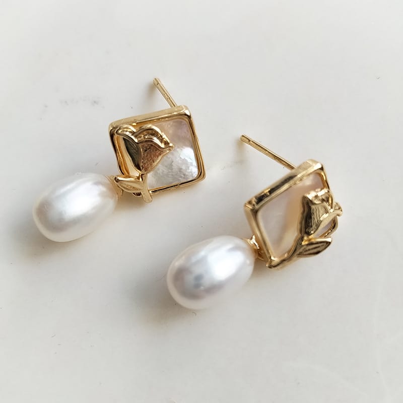 S925 Silver Needle Natural Pearl Geometric Earrings Light Luxury High-end White Shell Rose Pearl Earrings New Style