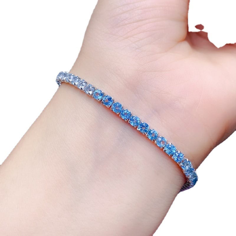 Natural Topaz Bracelet 3*3mm Gradient Ladies Bracelet 925 Silver Blue Topa Ladies Bracelet Color Treasure Batch