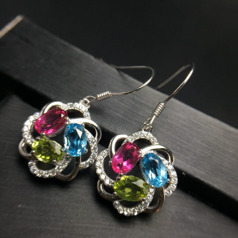 Natural color treasure earrings Europe and the United States exaggerated Topa olivine 925 silver inlay wholesale goods