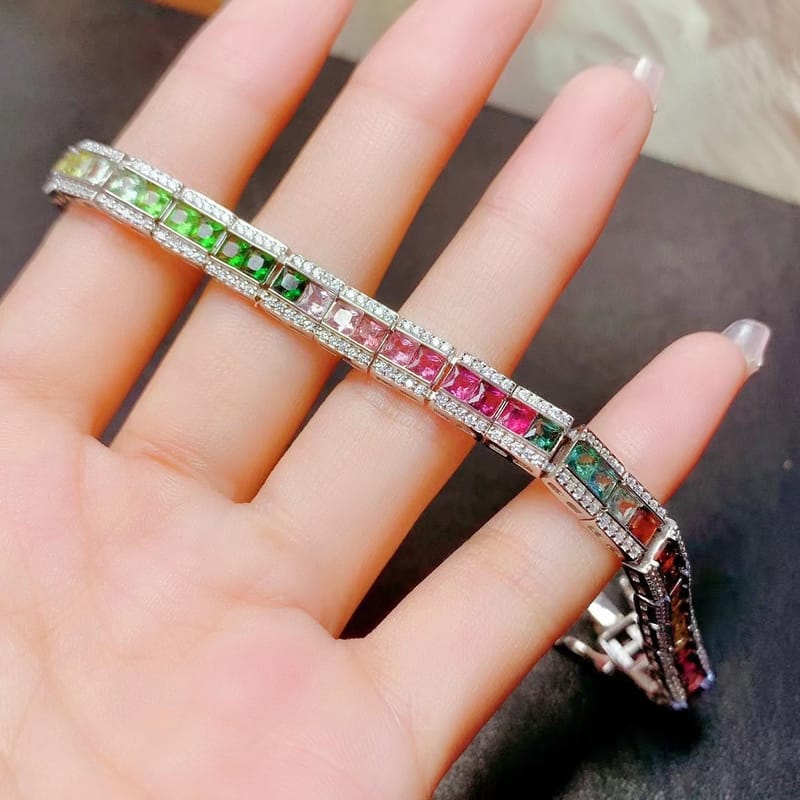 Luxury full inlay simple fashion new colorful natural tourmaline 3*3mm ladies Bracelet 925 silver color treasure batch