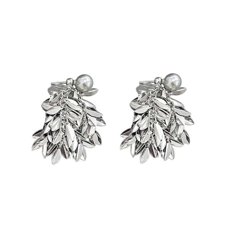 Aobao S999 pure silver high-grade Leaf pearl stud earrings Women's Light luxury cool wind wave light Lingling ear jewelry generation hair