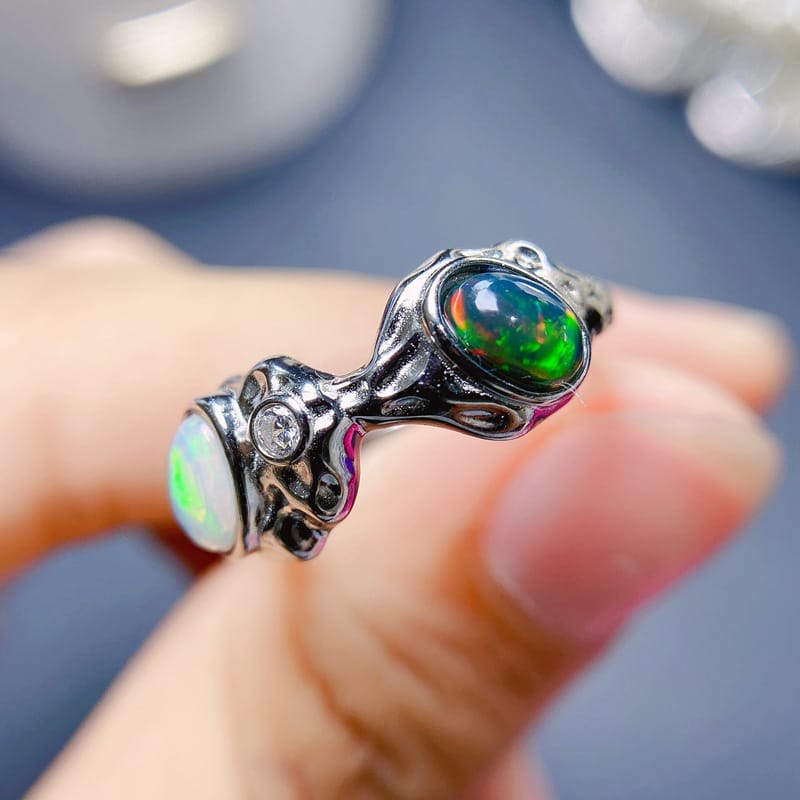 Fresh 925 Silver Natural Opal Women's Ring Style Simple Exquisite Fashion Ladies Live