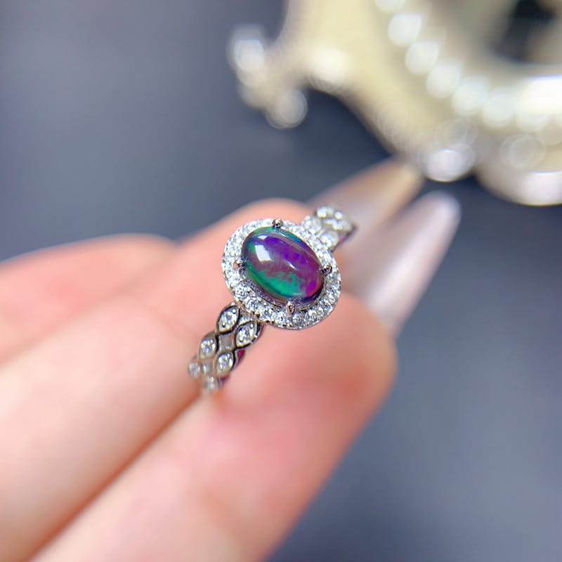 European and American design natural black opal ring wholesale 5*7mm fire color good manufacturing 925 silver live mouth ring