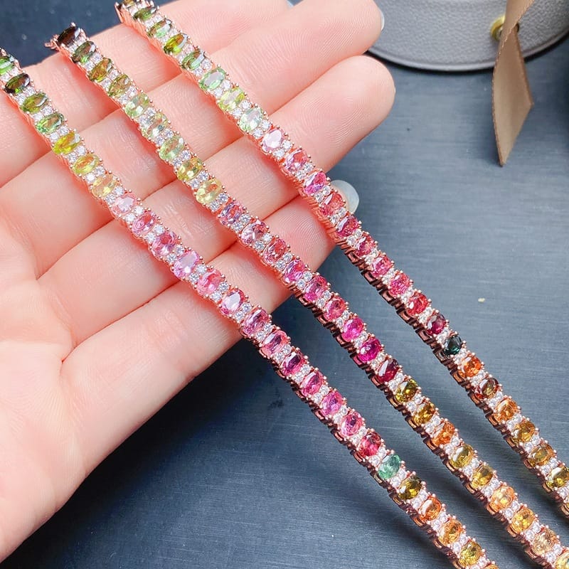 Full inlaid 925 silver inlaid natural tourmaline bracelet color fresh gradient color over detection live supply