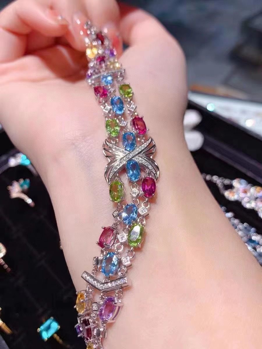 Duobao bracelet natural olivine Garnet diopside citrine amethyst Topaz 925 silver wholesale